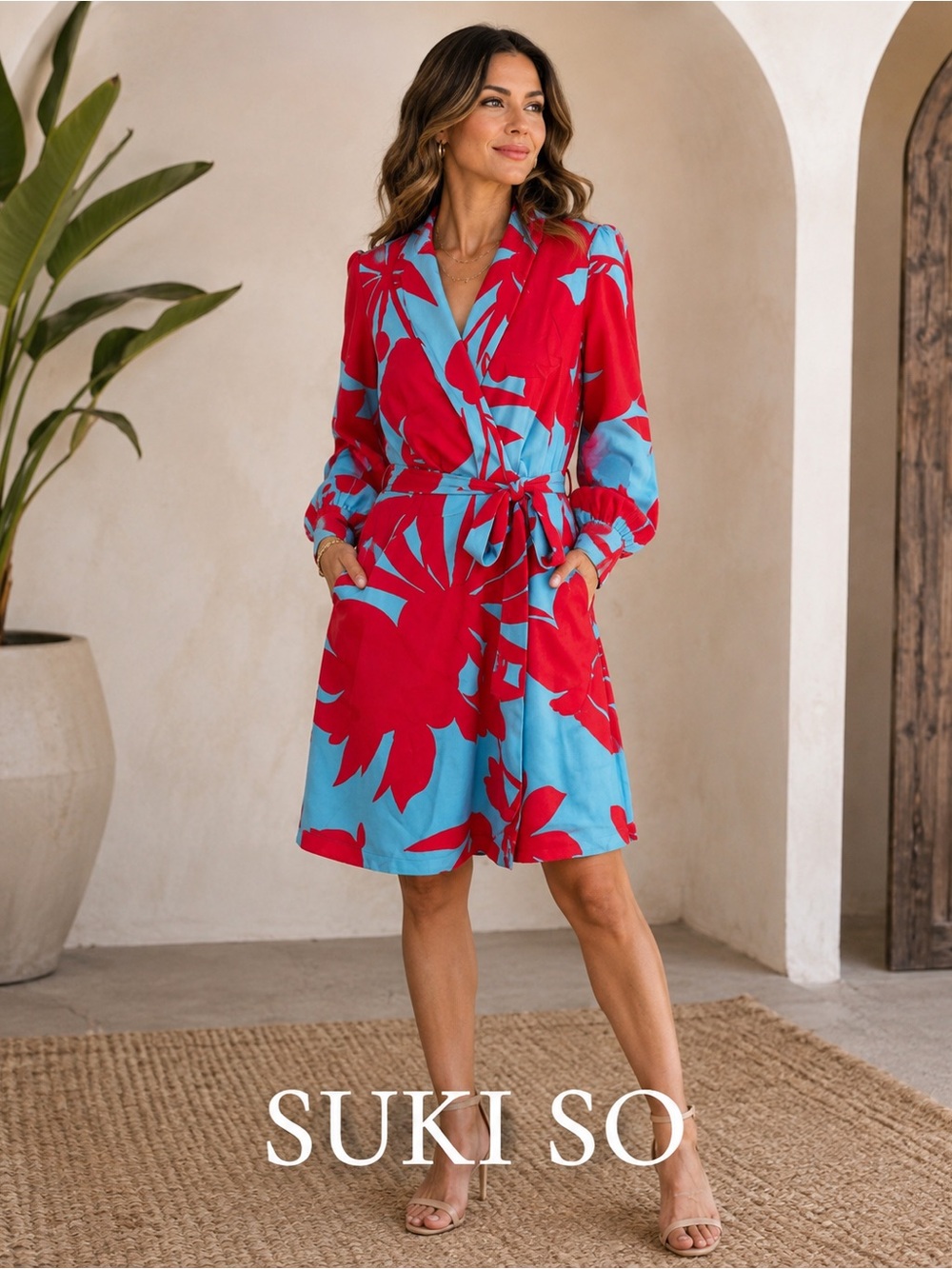 NWT Suki So Satin Floral Wrap Dress Pink Blue Statement Sleeve Dress